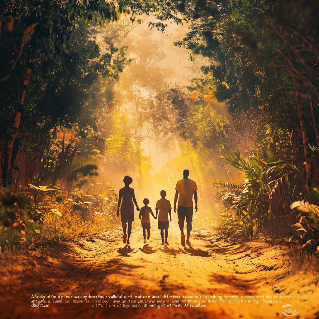 family of four walking down sunny road