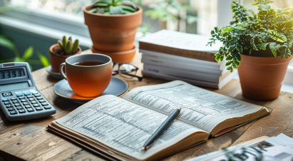 record keeping book and calculator plants