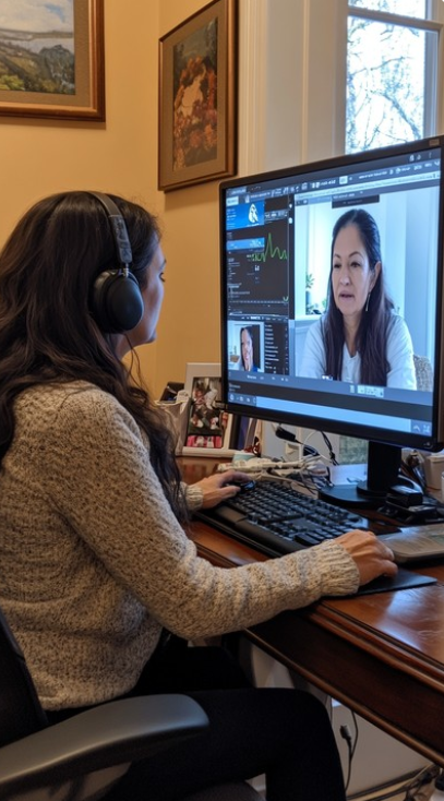 virtual office woman at computer talking vurtually